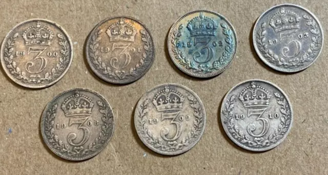 Lot of 7 Great Britain .925 Silver Threepences 1900 to 1910 .