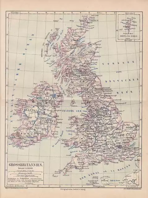 GROSSBRITANNIEN Irland Wales LANDKARTE von 1875 Schottland Shetland-Inseln