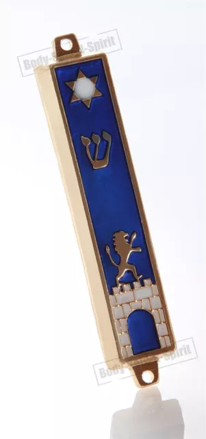 Gold tone Mezuzah Mezuza Blue Case 7cm Judaica Jewish lion wall gate star Kotel