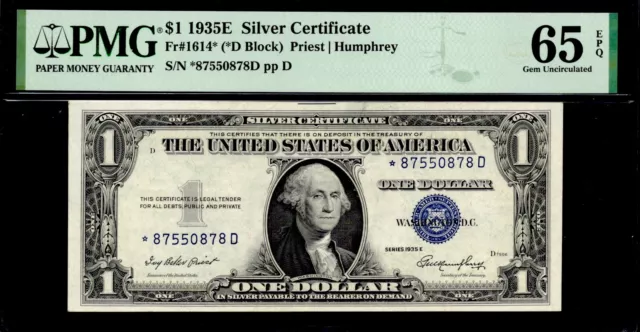 UNITED STATES 1935E $1 Silver Certificate. FR#: 1614* (STAR). PMG Graded: 65 EPQ