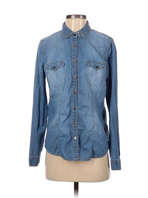 American Rag Cie Women Blue Long Sleeve Button-Down Shirt S