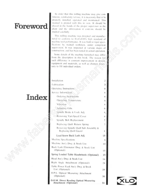 Excello XLO Style 602 Ram Turret Milling Machine Op, Service,& Parts Manual *640 2