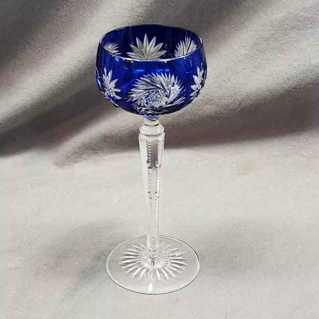 Vintage Bohemian Wine Glass Cut To Clear Cobalt Blue Starburst Goblet