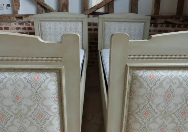 Pair of single newly upholstered & painted French beds with brand new mattresses