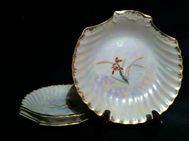 3 Vtg Pearl China Co Iridescent Shell Plate Hand Decorated Gold Trim 7.25"D