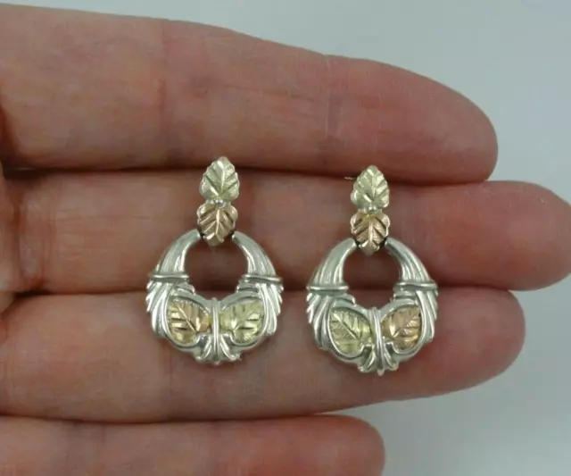 CCo Coleman Sterling Silver & 12K Black Hills Gold Leaves Dangle Hoop Earrings