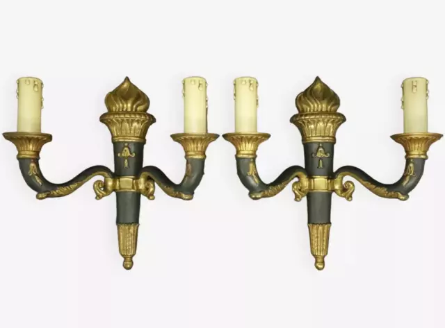 Pair Sconces Torch Decor Empire Style - Bronze By Petitot - French Antique