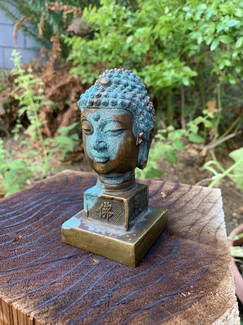 Antique Vintage Buddha Head Buddhism Statue w/ Ornate Base and Beautiful Patina