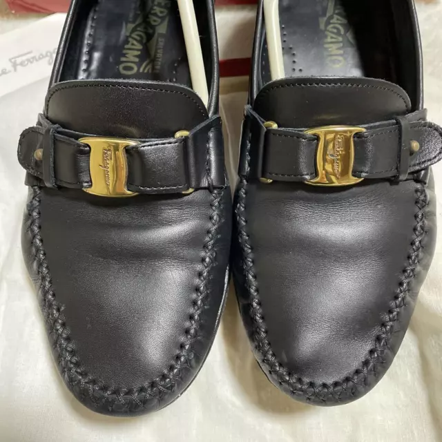 SALVATORE FERRAGAMO BLACK Leather Vara Loafers Flat Shoes Men's 7.5EE ...