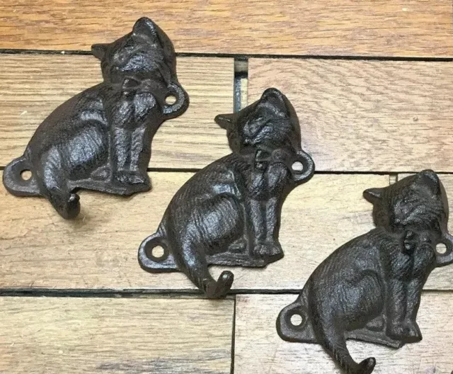 set of 3 Cat Kitten Kitty Coat Hooks key Wall rustic cast iron hanger leash deck