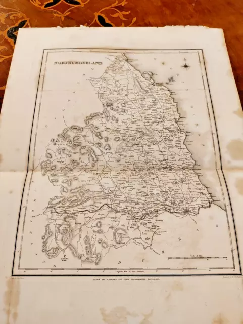 c1840s Northumberland County Map Lewis Topographical Dictionary Plate Newcastle