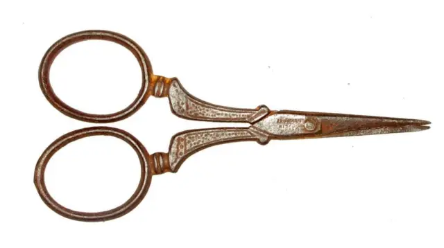 Vintage Old Iron Handcrafted Engraved Made In Germany Small Scissors Rich Patina