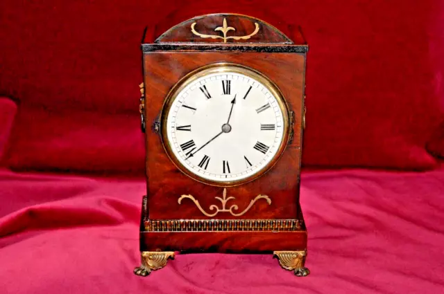 Antique Edwardian Mahogany Regency Style Brass Inlaid Mantle Bracket Clock