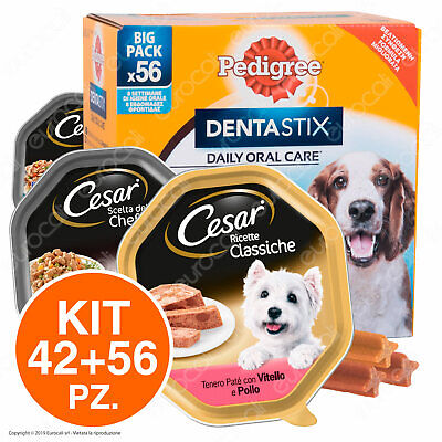 Cibo per Cani: 42 Vaschette Miste Cesar + 56 Stick Pedigree Dentastix Medium