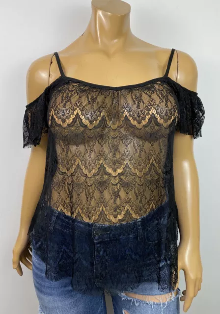 Kimchi Blue Urban Outfitters Sheer Blouse Medium Black Off Shoulder Lace Top