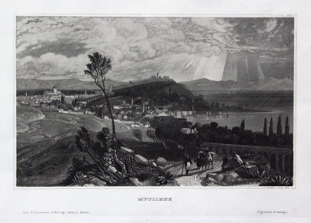 Mytilini Mytilene Lesbos Grecia Vista Incisione Acciaio Engraving 1850
