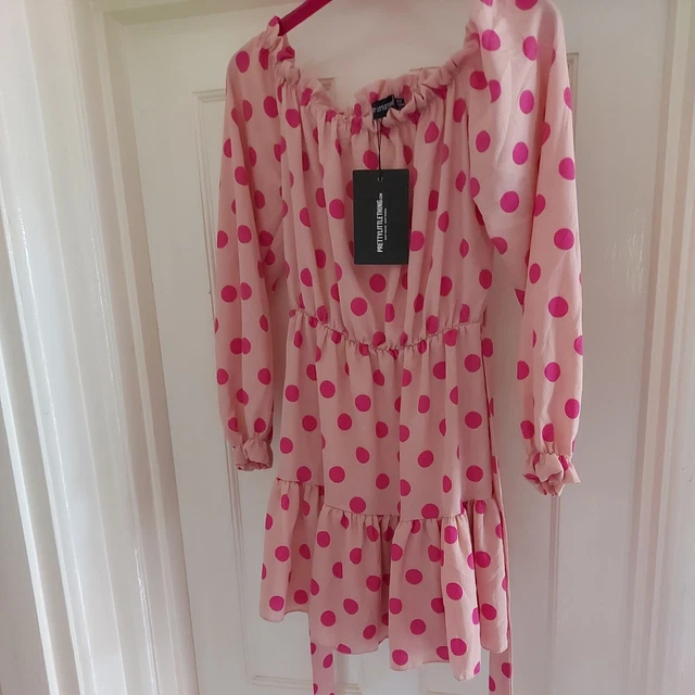Dusty pink polka dot bardot tie waist shift dress sale