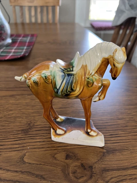 Vintage Chinese Tang Dynasty Drip Style Glaze Ceramic War Horse Figurine