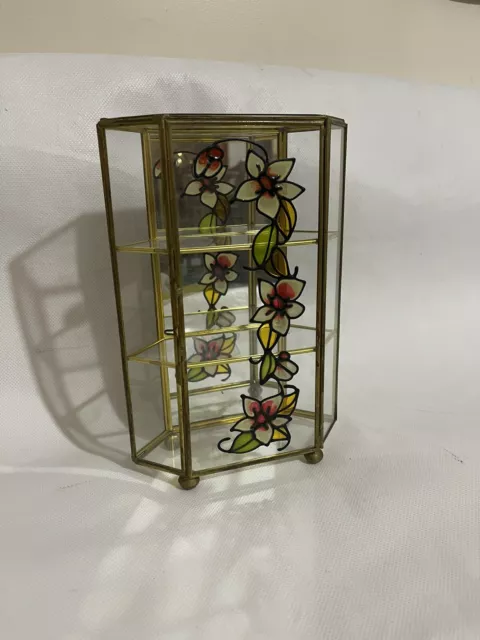 Brass & Glass Mini Curio Cabinet Jewelry Trinket 3 Panel Display Vintage Painted