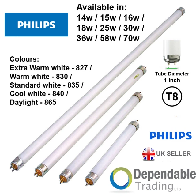 PHILIPS T8 FLUORESCENT TUBES - 18" 38" 2ft 4ft 5ft 6ft 15w 18w 30w 36w 58w 70w