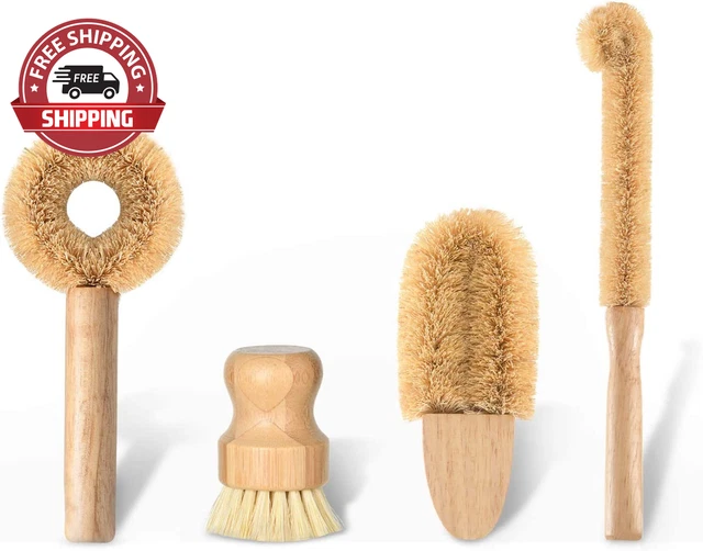 Kitchen Scrub Brush Set of 4, All Natural Cleaning Brushes for Dish/Bottle/Veget