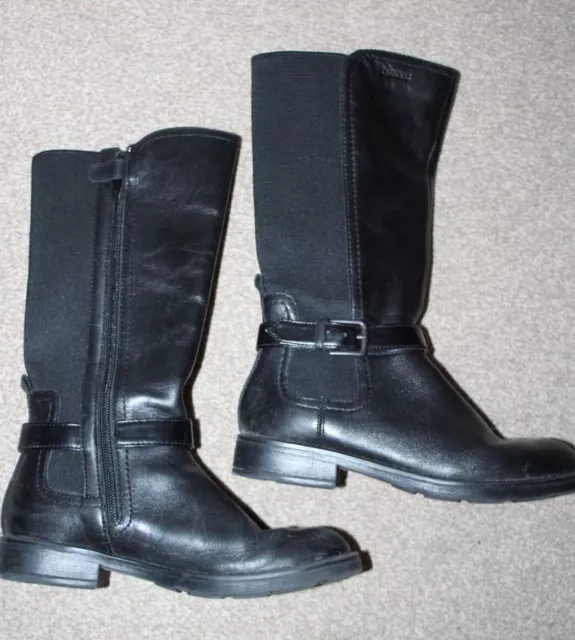 Girls Geox Black Leather Biker Style Boots Uk 1  Eu 33 Full Zip