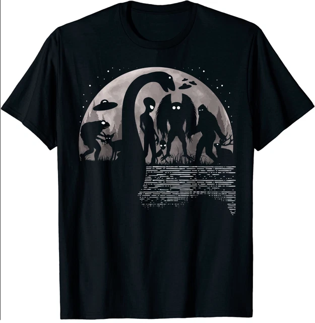 T-shirt Cryptides Bigfoot Jackalope Mothman Loch Ness - Impression écran, 100% Coton, Taille L
