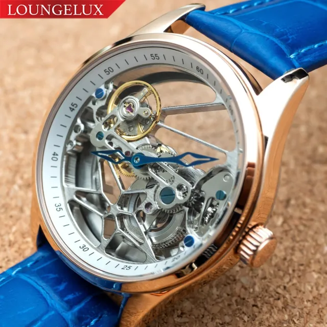 Mens Flywheel Bridge Movement Automatic Mechanical Watch Rose Gold Blue Leather