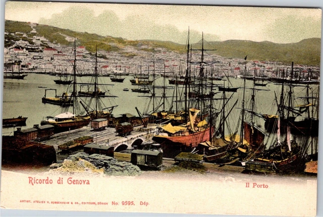Ricordo di Genova Il Porto, The Port Ships, Boats, Train Cars Vintage Postcard