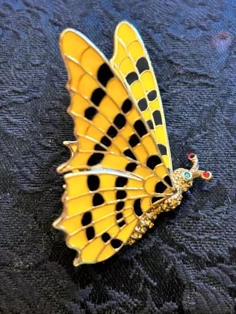 Vintage Gold Tone Yellow & Black Enamel Rhinestone Butterfly Pin Brooch: Ciner