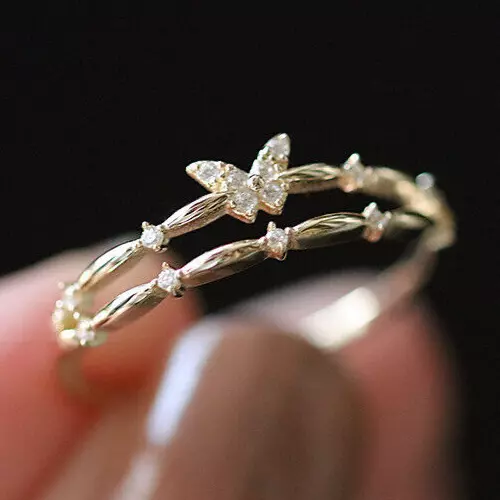 925 Sterling Silver Gold Butterfly Double Layer Adjustable Ring Women Mens Girls