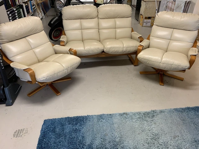 Tessa 3 Piece Retro Vintage Cream Leather Lounge Suite