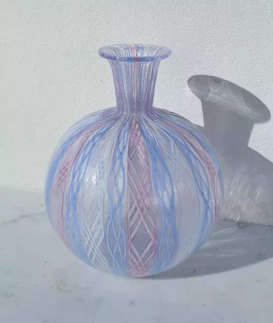 Murano Glass Bud Vase, Italian Art Glass, Latticino Glass, Pink & Blue