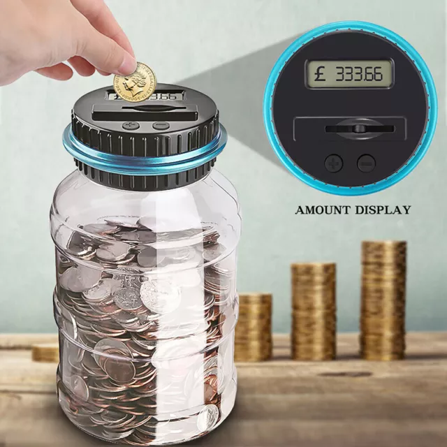 Electronic LCD Coin Money Counting Jar Box Saving Safe Digital Piggy Bank 1.8L