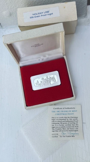 1982 Franklin Mint 500 grains SOLID STERLING SILVER PROOF INGOT 1.2 oz w/BOX COA