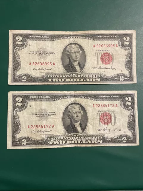 1953 Red Seal $2 Two Dollar Bill Legal Tender Note Lot Of 2