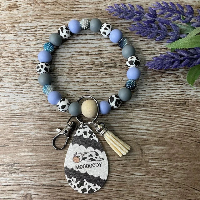 Wristlet Keychain Silicone Cow Blue Beaded Handmade Bracelet Gift Custom Key Wristlet Keychain Silicone Cow Blue Beaded Handmade Bracelet Gift Custom Key