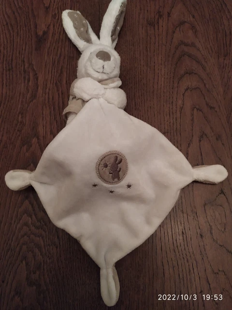Doudou  lapin blanc et beige Pommette/ mouchoir /etoiles