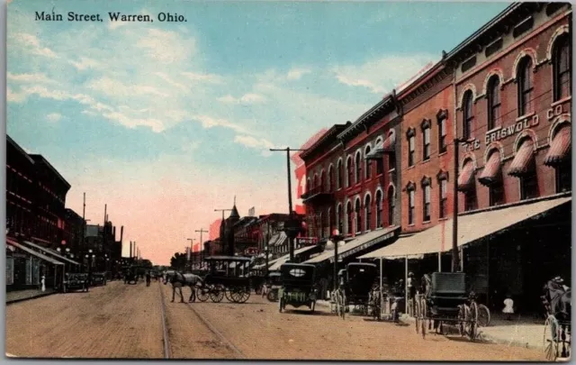 1910s Warren, Ohio Postcard MAIN STREET Downtown Scene Stores / Horses UNUSED