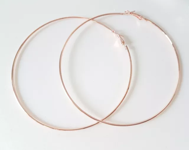 Gorgeous ROSE GOLD tone large 10cm oversized shiny plain round hoop earrings, 3