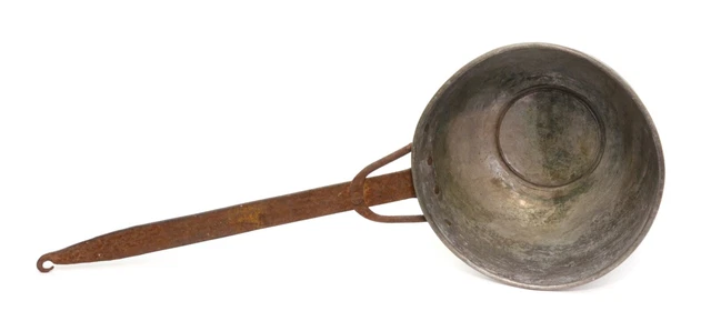 Antique Vintage Metal Ladle Scoop Hand Forged Iron Handle Forged Tin Bowl 17"