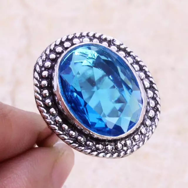 Blue Topaz Art Piece 925 Silver Plated Ring of US Size 7