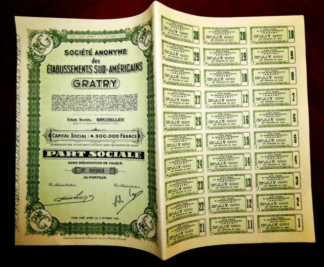 Établissements Sud Américains GRATRY share cert. Belgium 1955