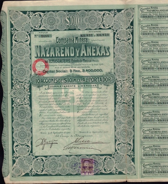 MINING MEXICO COMPANIA Minera Nazareno Y Anexas 10 Acciones 1910 