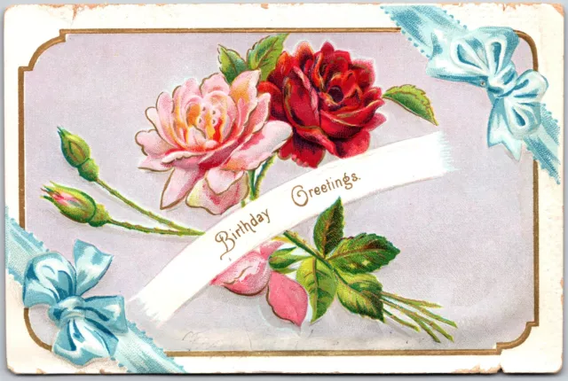 Birthday Greetings Pink Red Roses Flowers Blue Ribbon Postcard