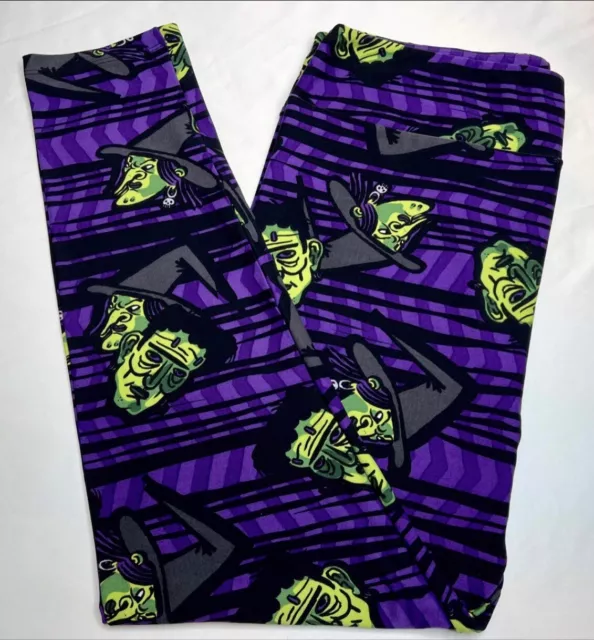 LulaRoe TC2 Halloween Cats Striped Leggings - Purple and Green