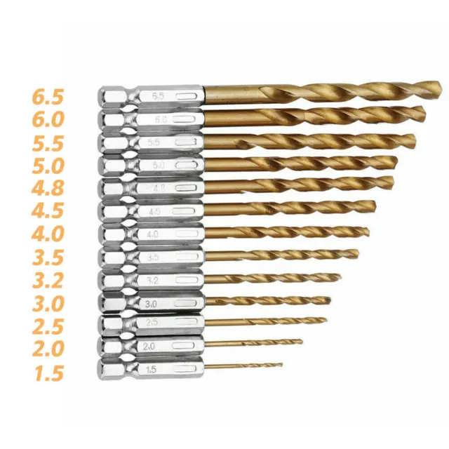 13Pcs HSS Drill Metal Bits Set Titanium Coated 1/4" Hex Shank Fits Impact Driver