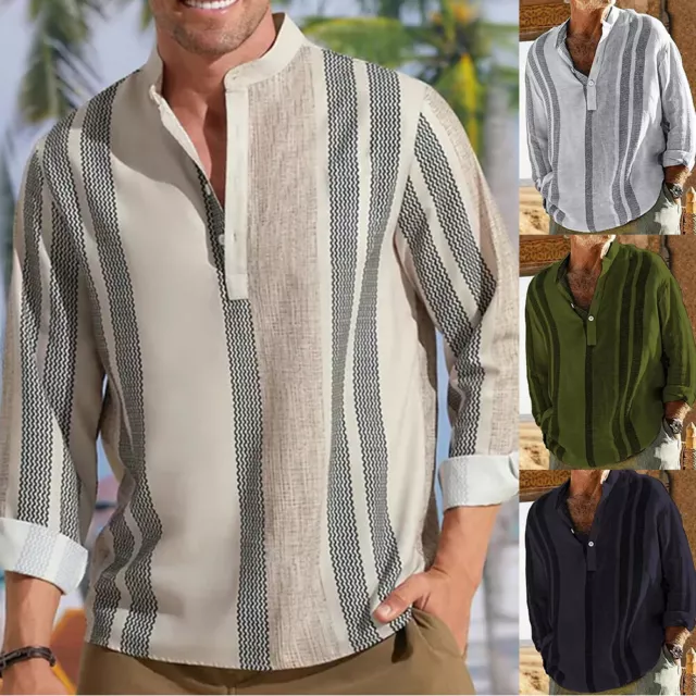 UOMO CASUAL COTONE Lino Camicia Manica Lunga Larga Camicetta con