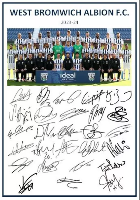 1099. 2023-24 West Bromwich Albion Signed Team Photo Sheet PRINTED AUTOGRAPHS A4