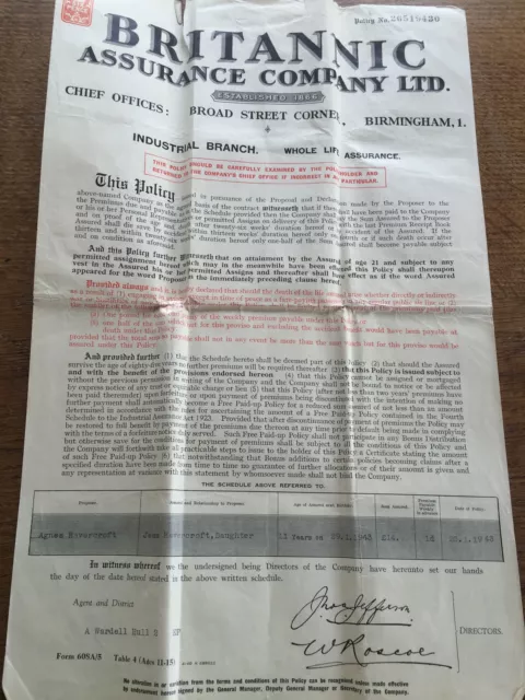 1943 BRITANNIC ASSURANCE Co Ltd CERTIFICATE Agnes Havercroft Hull Paper Ephemera